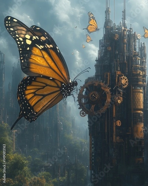Fototapeta A fusion of gears, butterflies, and city spires forming a symbolic time-machine skyline