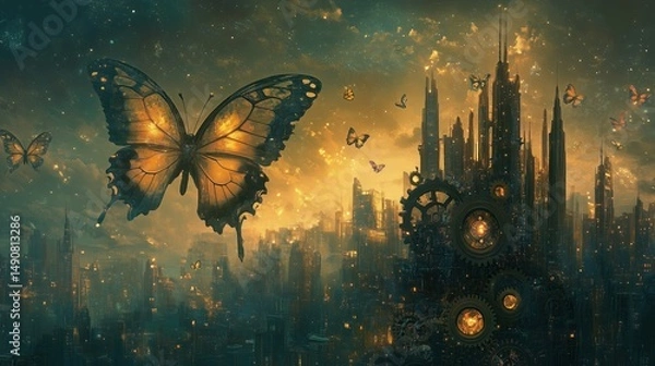 Fototapeta A fusion of gears, butterflies, and city spires forming a symbolic time-machine skyline