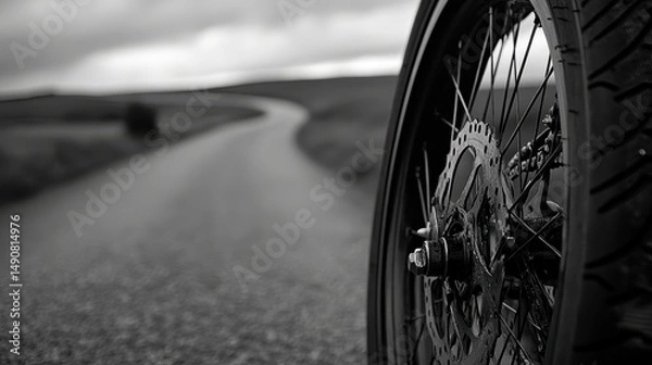 Fototapeta Monochrome Bike Wheel Overlooking a Winding Road with Rain and Gloom Showcasing Adventure and Resilience Amidst Challenging Conditions Conceptually