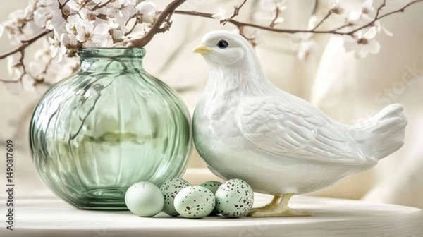 Fototapeta Elegant Spring Decoration with Bird, Vase, and Pastel Eggs