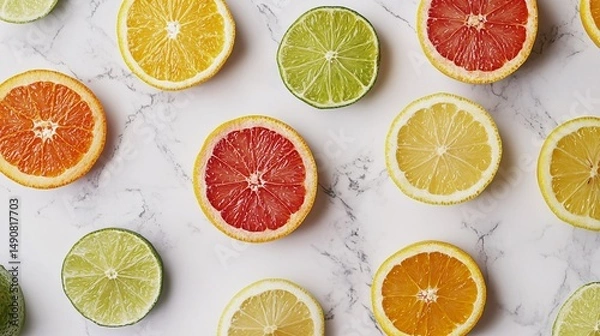 Fototapeta Colorful Citrus Fruits on Marble Background for Freshness and Flavor
