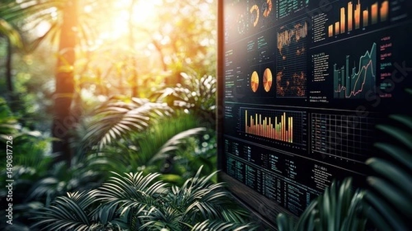 Fototapeta Data Visualization on a Screen Surrounded by Lush Greenery in Nature