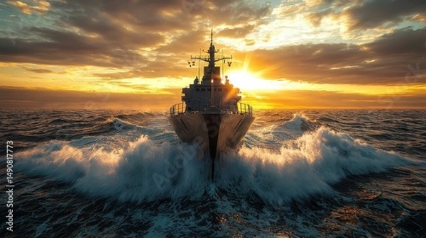 Fototapeta Majestic Warship Sailing Through Waves at Sunset with Dramatic Sky