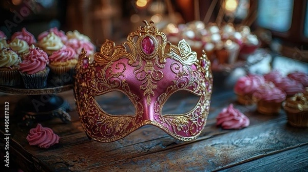 Fototapeta Elegant Pink Mask with Stunning Cupcakes in Beautiful Setting