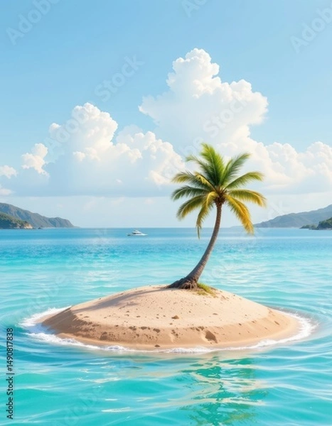 Fototapeta Serene Tropical Island with Palm Tree and Clear Ocean Waters