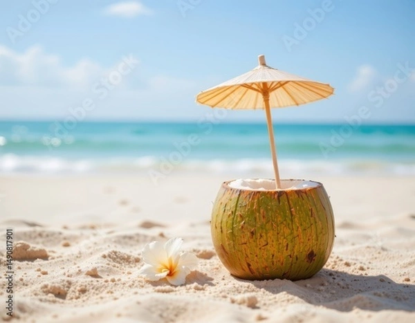 Fototapeta Refreshing Coconut Drink With Umbrella On Sandy Beach Paradise