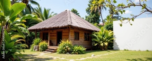 Fototapeta Tropical Wooden Cottage Surrounded by Lush Greenery and Palm Trees