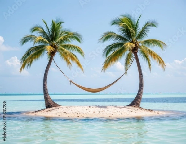 Fototapeta Serene Tropical Island with Palm Trees and Hammock by the Sea