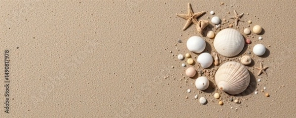 Fototapeta Collection of Shells and Starfish on Sandy Beach Surface