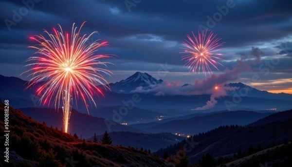 Fototapeta Colorful Fireworks Display Over Mountain Landscape at Night Sky