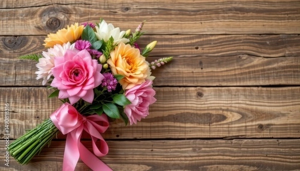Fototapeta Beautiful Bouquet of Colorful Roses and Flowers on Wooden Background