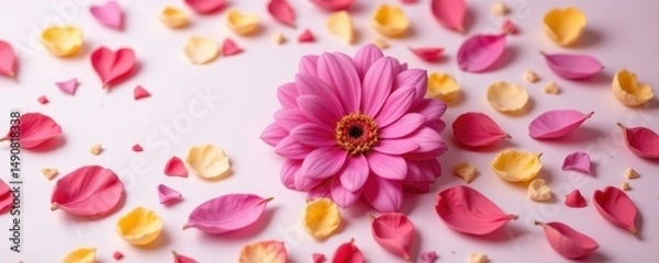 Fototapeta Stunning Pink Flower Surrounded by Colorful Petals on White Background