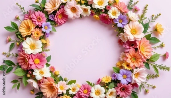 Fototapeta Colorful Floral Wreath with Various Flowers on Light Pink Background