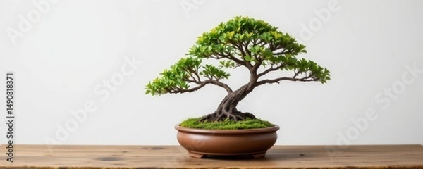 Fototapeta Elegant Bonsai Tree in Decorative Pot on Wooden Table Surface