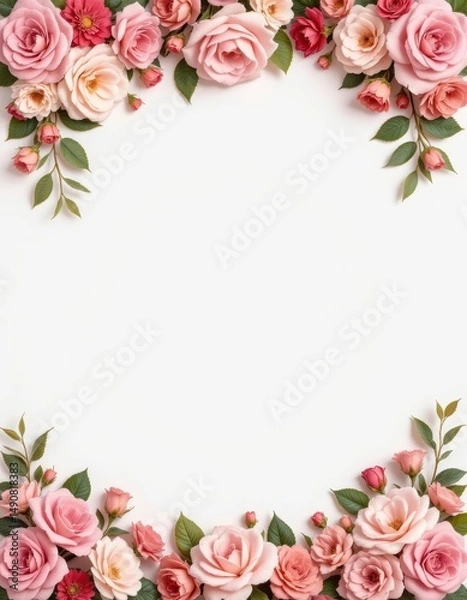 Fototapeta Beautiful Floral Frame with Pink Roses and Green Leaves on White