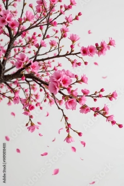 Fototapeta Delicate Pink Cherry Blossom Branch with Falling Petals on White Background