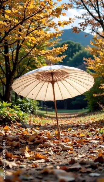 Fototapeta Serene Path in Autumn with White Umbrella and Colorful Leaves