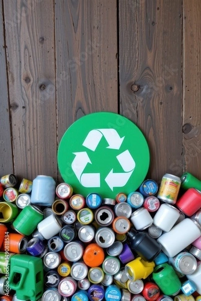 Fototapeta Colorful Cans and Recycling Symbol on Wooden Background