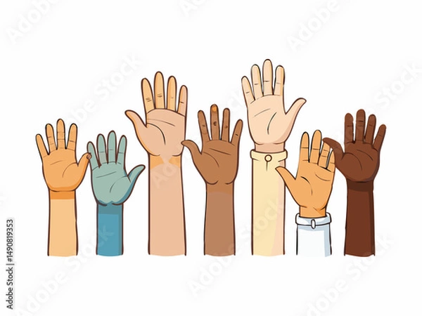 Obraz A vibrant illustration of multiple hands of various skin tones raised in the air, suggesting participation, engagement, or a call for action.