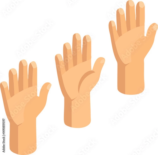 Fototapeta Three hands raised in an isometric style, ready to ask a question or participate.