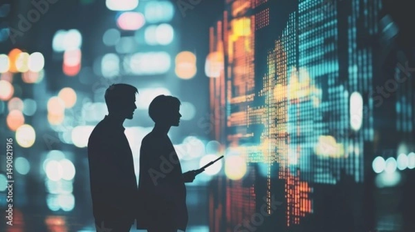 Fototapeta Data Analysis Night Cityscape: Two Silhouettes Studying a Futuristic Digital Interface