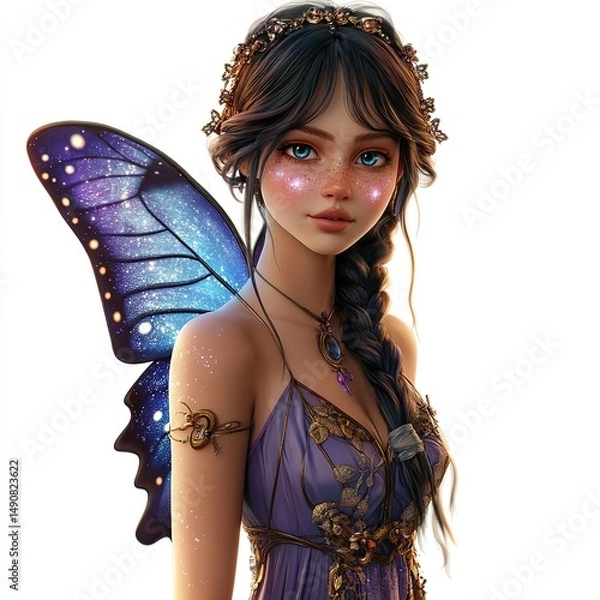 Fototapeta Ethereal fairy with stardust skin wearing a jeweled crown and celestial wings standing on a bright