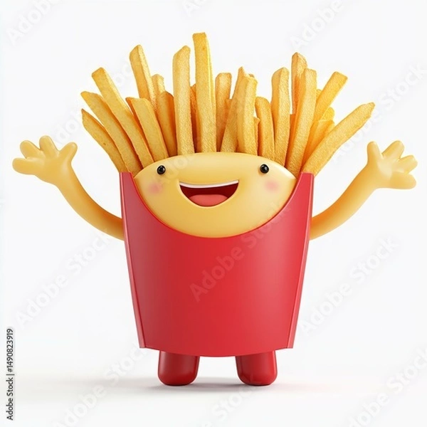 Fototapeta A cheerful cartoon french fries character waving joyfully offering a delicious treat to someone with