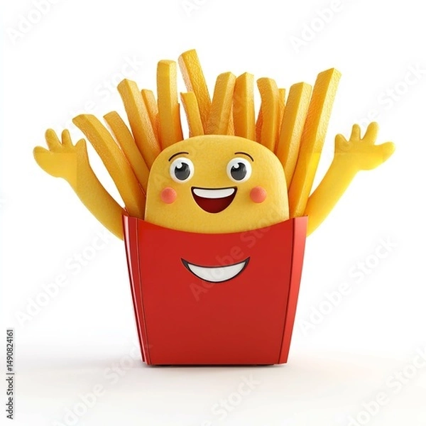 Fototapeta Cheerful fries character waving hello a joyful mascot in a red box bringing smiles in a clean white