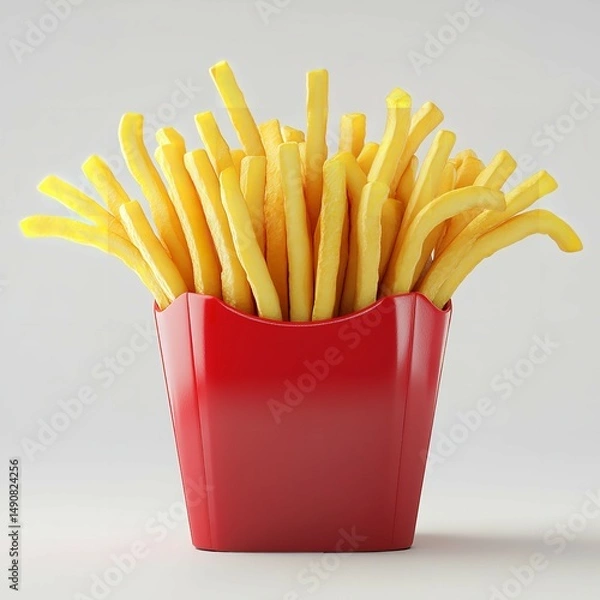 Fototapeta A tempting pile of golden French fries overflowing from a vibrant red carton promising a tasty treat