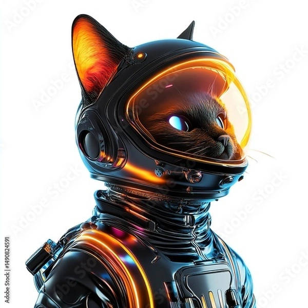 Fototapeta A cosmic cat explorer in a futuristic spacesuit with glowing accents ready for interstellar