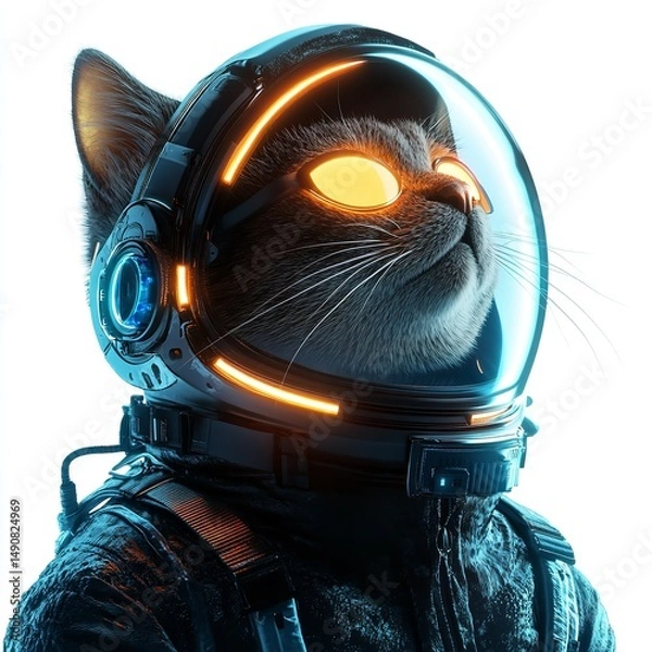Fototapeta A spacefaring feline dreams of distant stars in a futuristic astronaut suit showcasing bold lighting