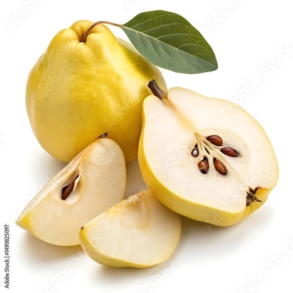 Fototapeta Beautiful close up of ripe yellow quince fruit with slices and leaf