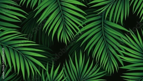 Fototapeta Dark green palm leaf line art seamless vector pattern  Abstract background for textile or wallpaper,   seamless background,  art