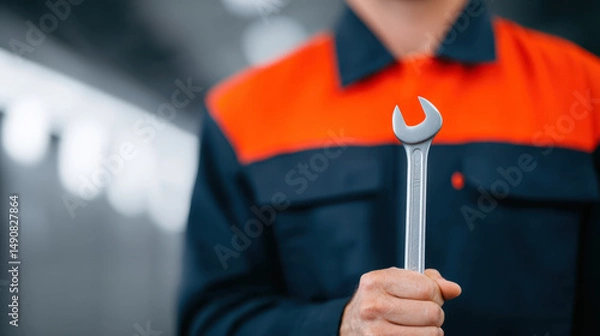 Fototapeta Person dark uniform with orange accents holding wrench, standing indoors with blurred background, suggesting maintenance