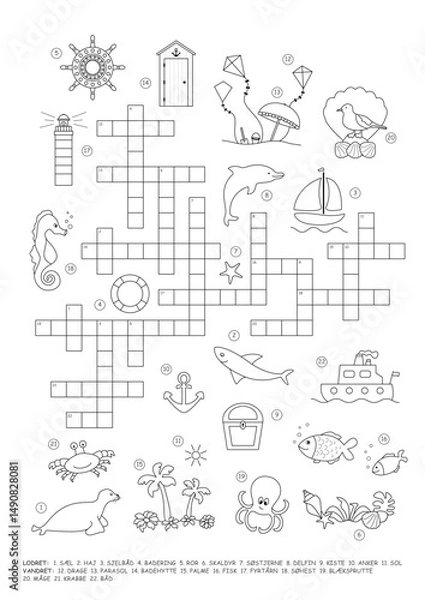 Fototapeta Crossword puzzle. Sea theme. Game and Coloring page. Danish language. Vector illustration.