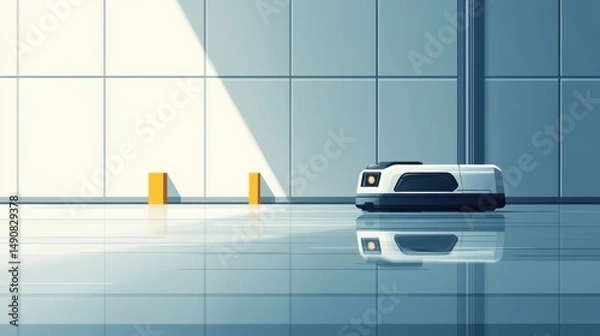 Fototapeta Image depicting an autonomous delivery robot navigating a clean warehouse.