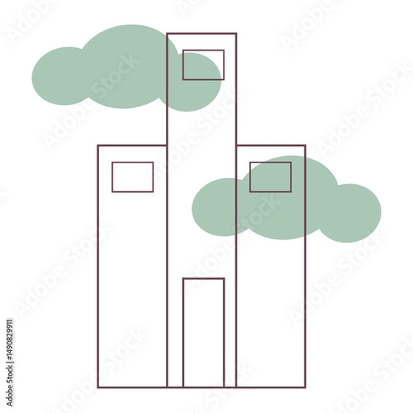Fototapeta Outlined cityscape with cloudy abstract forms behind buildings.