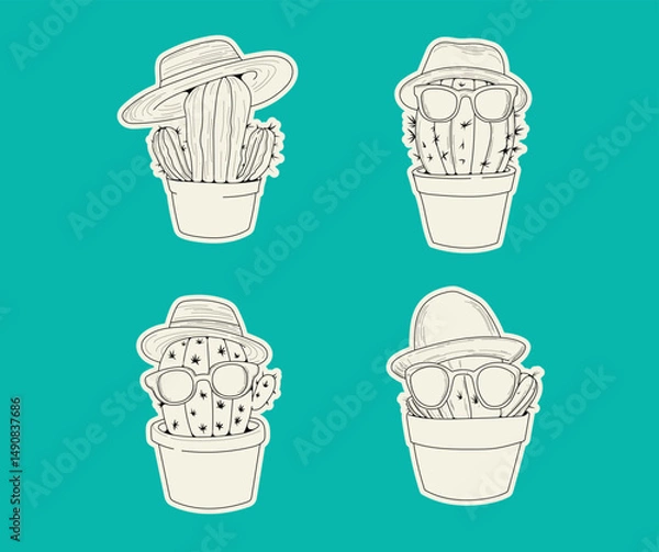 Obraz A set of hand-drawn vector stickers with a summery feel. Cheerful cacti in hats and sunglasses will bring a fun and carefree mood to your project.