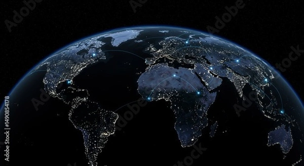 Fototapeta Global Network Connections - Illuminated Earth at night showcasing interconnected global network, data flow, and communication routes