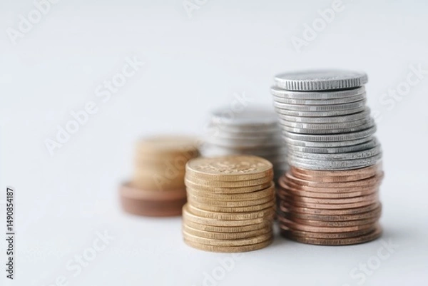 Obraz stacks of various currency coins neatly arranged on plain white surface with ample copy space setup emphasizes minimalistic