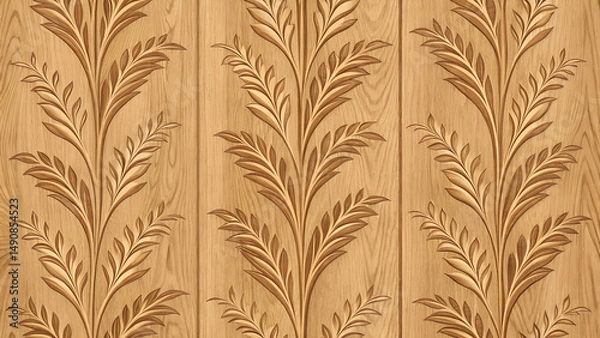Fototapeta Intricate Carved Wooden Panel with Elegant Leaf Pattern Design