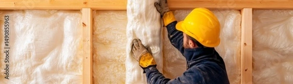 Fototapeta Worker Installing Insulation in Wood Frame Wall, Construction ,Building
