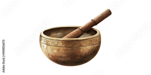 Obraz Tibetan Singing Bowl With Wooden Mallet. Meditation And Sound Healing Tool Isolated On Transparent Background