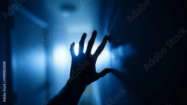Fototapeta Human hand clenches into fist and strikes wall in dim corridor, visually expressing deep frustration and inner turmoil. Dark setting amplifies emotional intensity of isolation, anger and helplessness