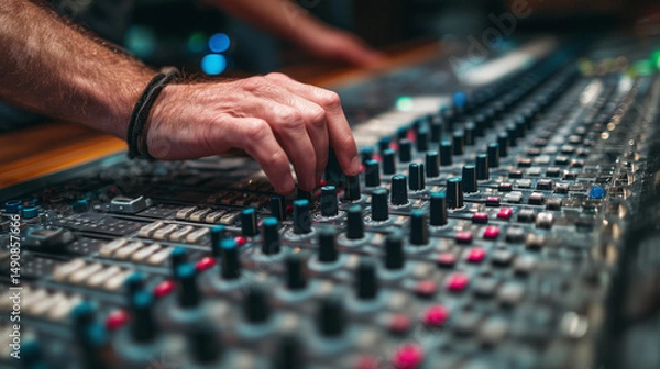 Fototapeta Audio engineer adjusting mixing board controls, crafting precise sound recording