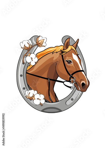 Fototapeta Horse head with a red mane in a frame shaped like a horseshoe with blooming cotton flowers