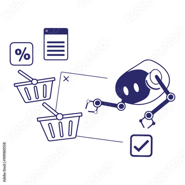 Fototapeta Robotic automation in e-commerce with AI shopping cart and digital shopping assistant transaction concept