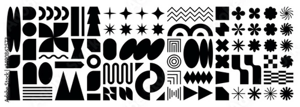 Obraz Abstract shape element set. Modern pattern sticker icon collection. Vector y2k geometry grid forms for background design. Brutalism retro simple logo figure, star, flower, circle in black and white