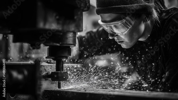 Fototapeta Metal worker operating a milling machine, creating sparks and demonstrating industrial manufacturing processes