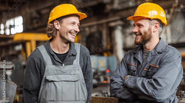 Obraz Industrial workers wearing protective gear sharing friendly moment, smiling and conversing during workplace break, representing positive team dynamics